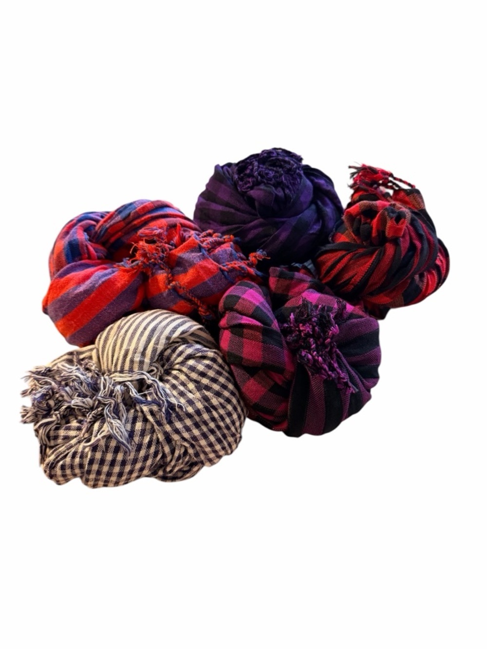 Checkered Fringed Scarf Bundle in Purple, Red, Pink and Blue set of 5
